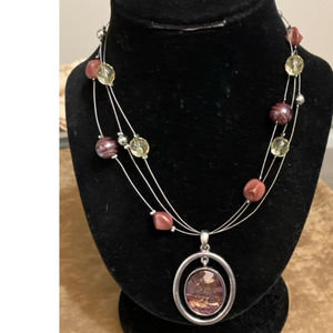 Triple Strand Faceted Iridescent Dichromatic Beaded Pendant Necklace